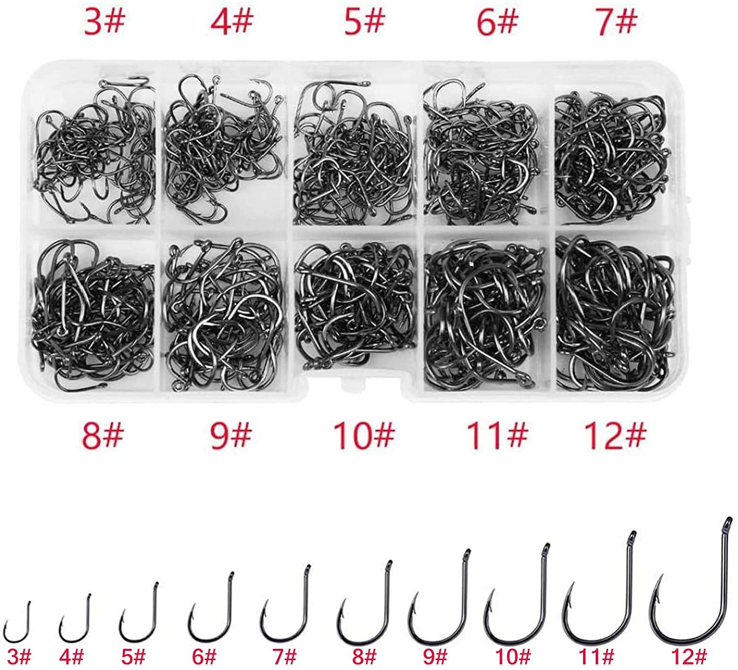 Proberos 500pcs High Carbon Steel Fishing Hooks with Plastic Box, 10 Sizes Fish Hook with Barbs for Freshwater/Seawater, 3# - 12#(50pcs/ Size) Proberos 500pcs High Carbon Steel Fishing Hooks with Plastic Box, 10 Sizes Fish Hook with Barbs for Freshwater/Seawater, 3# - 12#(50pcs/ Size)